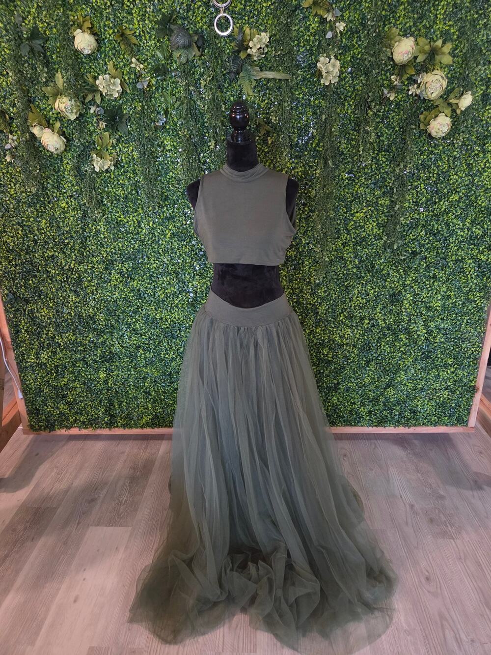 Two-piece olive green maternity gown set by Sew Trendy Accessories